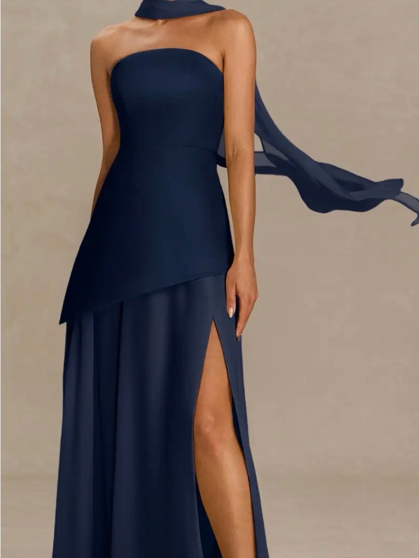 Strapless Or With Straps Navy Evening Gown With Side Slit